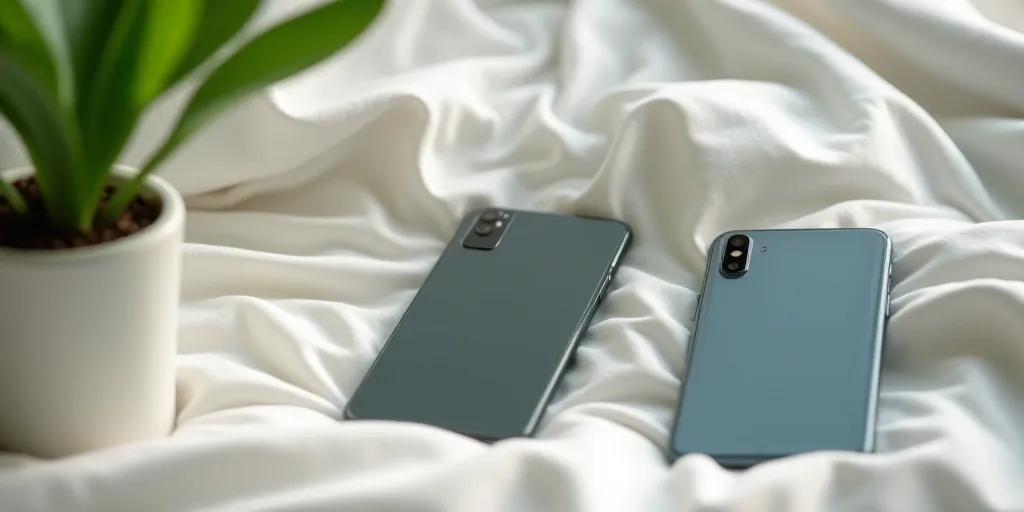 two cell phones sitting on a bed next to a plant and a potted plant in a vase on the bed, Cui Bai, t