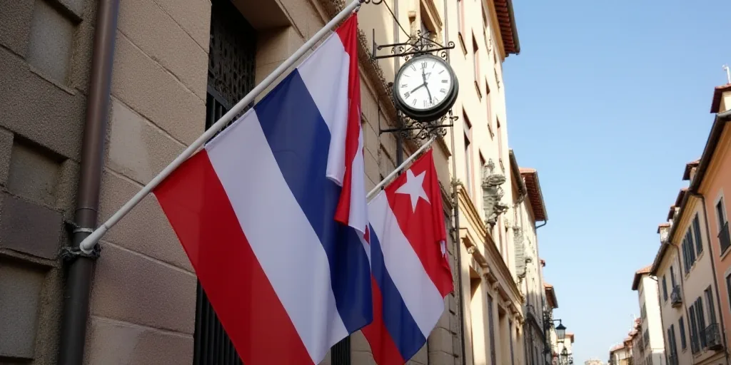 two flags are hanging from a building with a clock on it's side and a flag on the other side, Aquira