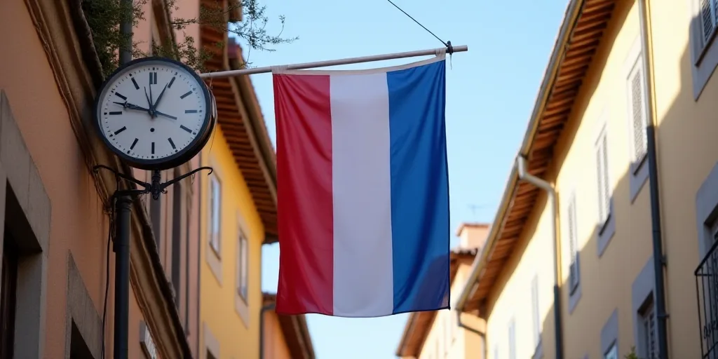 two flags are hanging from a building with a clock on it's side and a flag on the other side, Aquira
