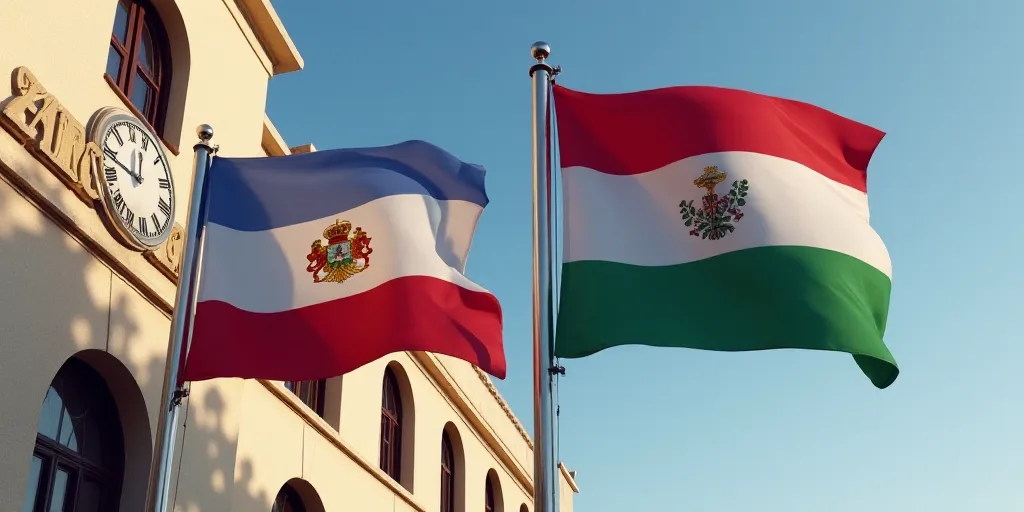 two flags are next to each other outside a building with a clock on it's side and a flag on the othe