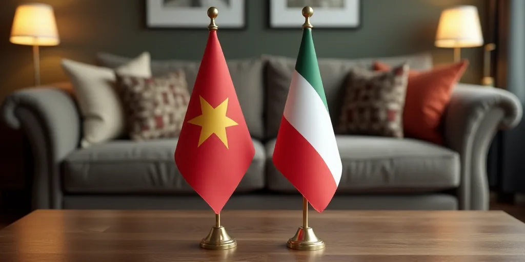 two flags are placed on a table in front of a couch and a coffee table with a couch behind it, Edwar