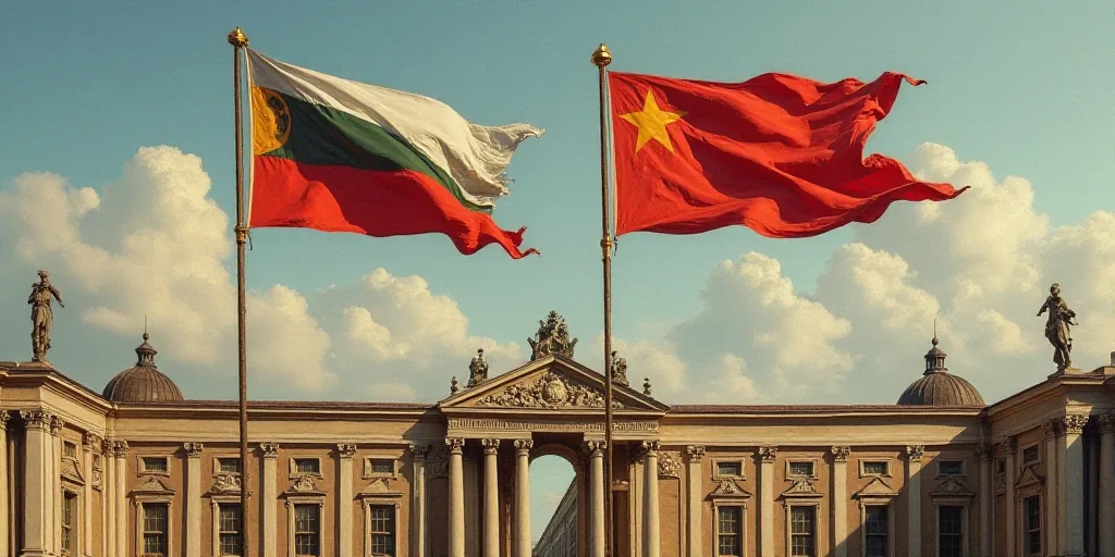 two flags flying in front of a building with a sky background and a few clouds in the background,, F