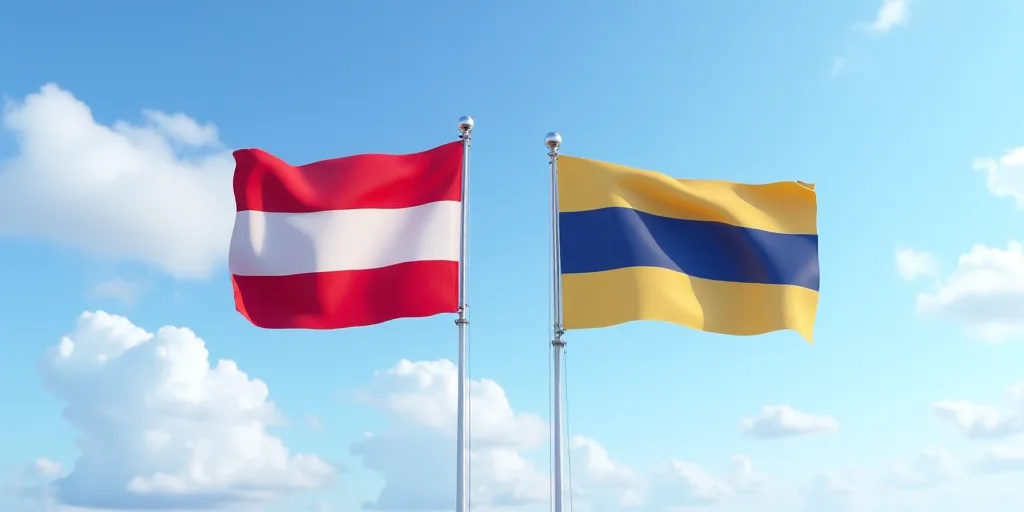 two flags flying in the air with a blue sky in the background with clouds in the background and a bl
