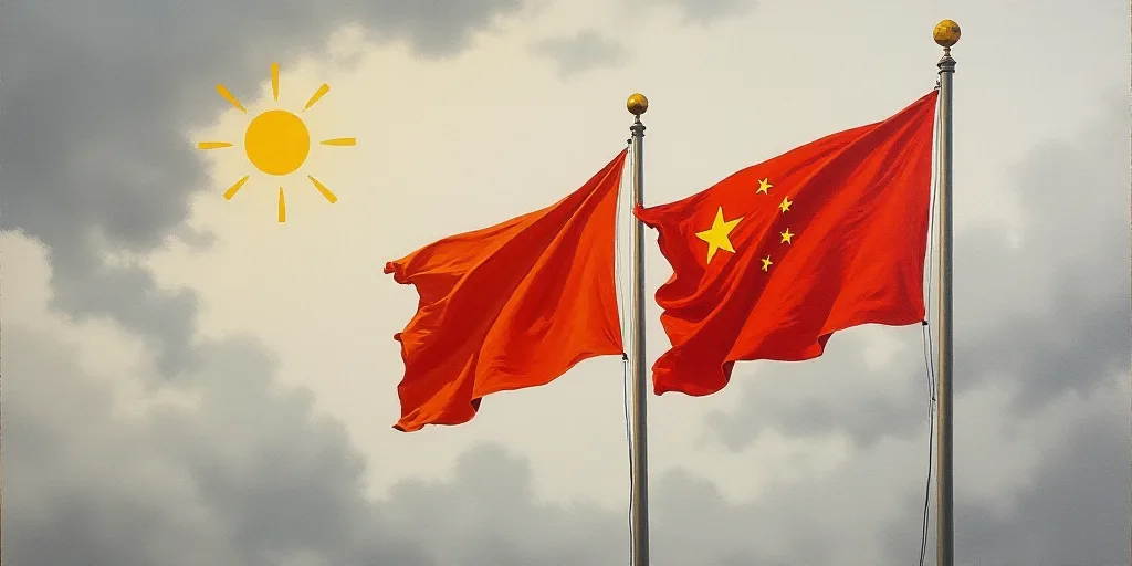 two flags flying in the wind on a cloudy day with a grey sky in the background and a yellow star on