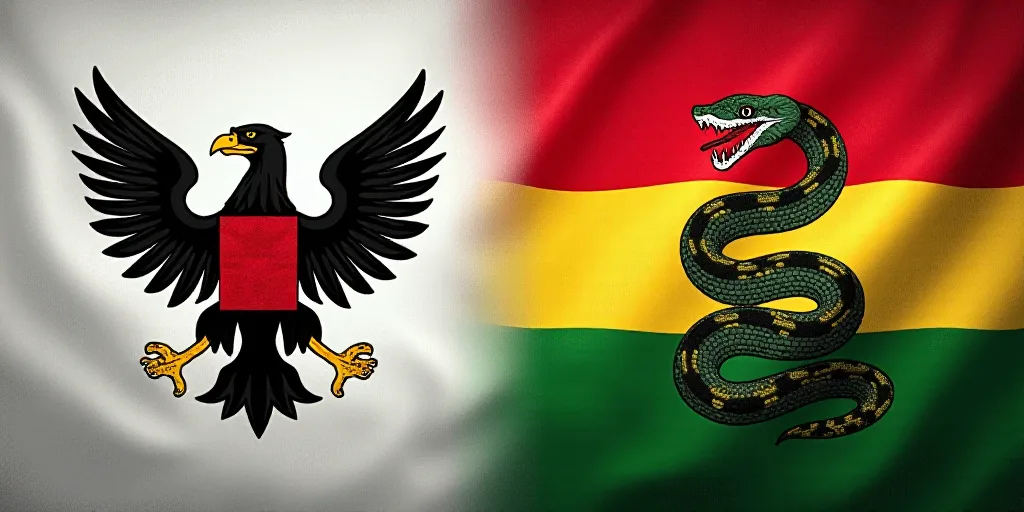 two flags of different countries are shown together in this picture, one of them is a eagle and the