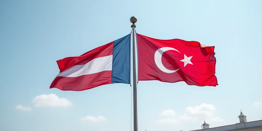 two flags of different countries flying next to each other in the wind with a sky background and a w