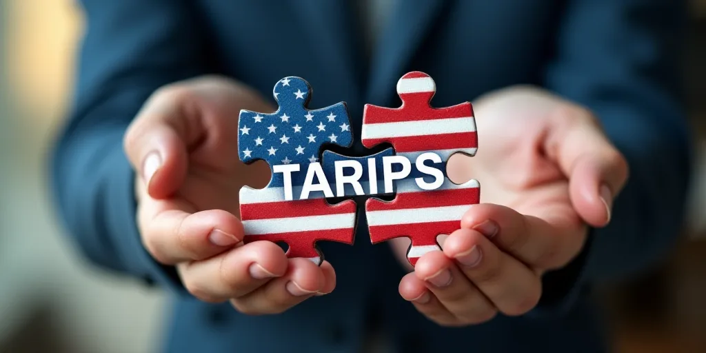 two hands holding a piece of puzzle with the word tarifs on it and the american flag on it, Andries