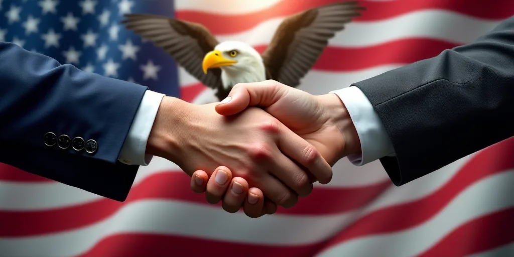 two hands shaking each other over a picture of flags and a flag of the united states behind them wit
