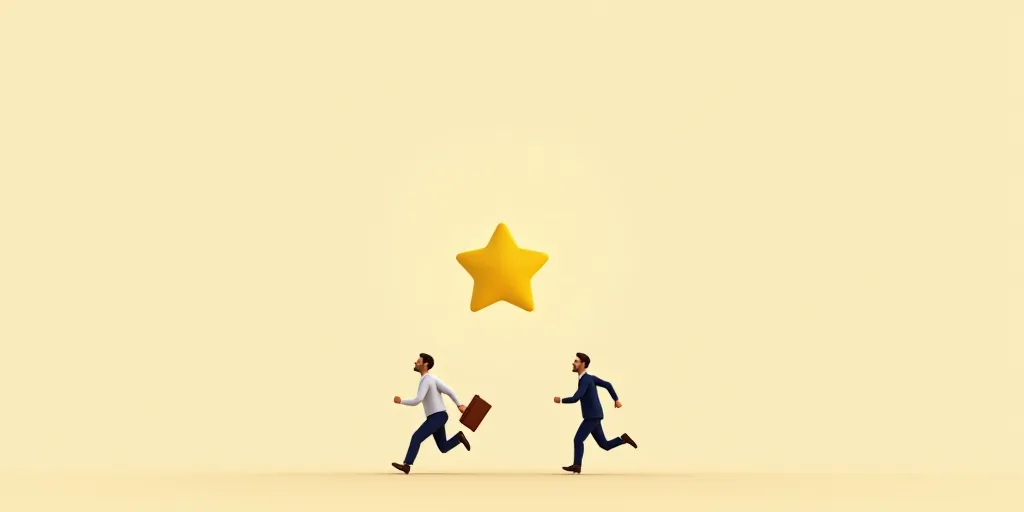 two men are running to reach a star on a beige background with a yellow star above them and a brown