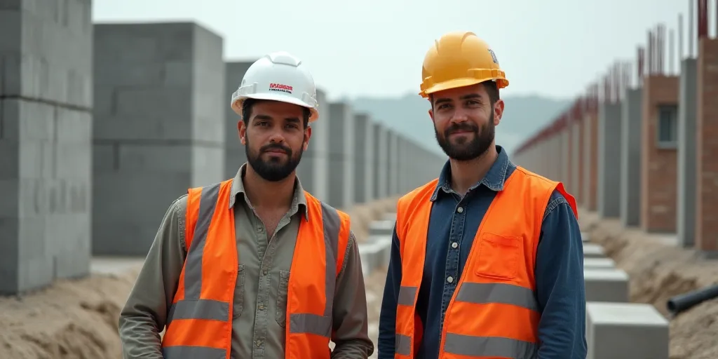 two men are standing on a construction site with a brick wall and cement blocks behind them, and a b