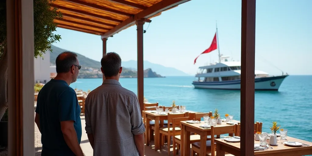 two men are standing outside of a restaurant looking out at the water and a boat in the distance wit
