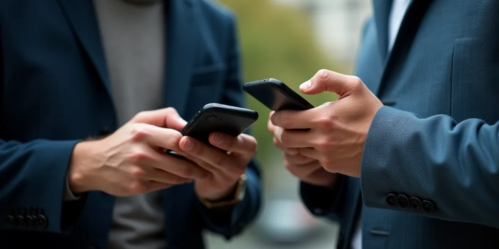 two men are using their cell phones together in a group of hands, one of them is holding a smart pho