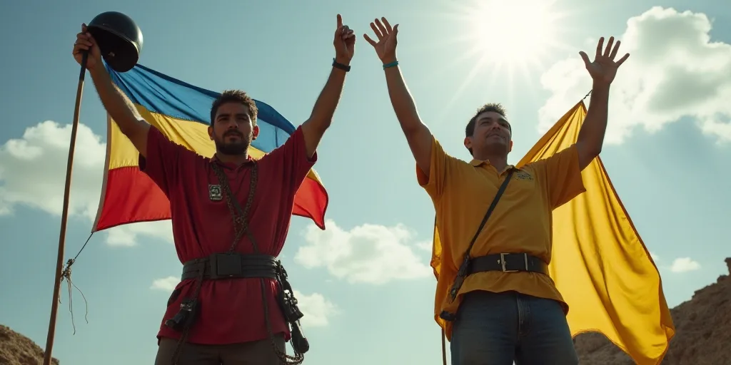 two men holding a flag and a helmet on their shoulders, both raising their hands in the air,, Aníba