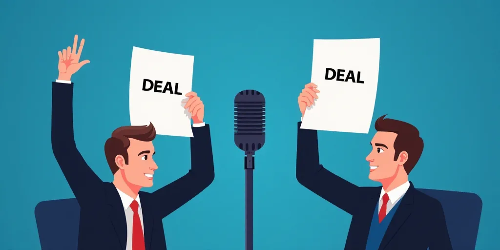 two men holding up papers with the words deal written on them and a microphone in front of them with