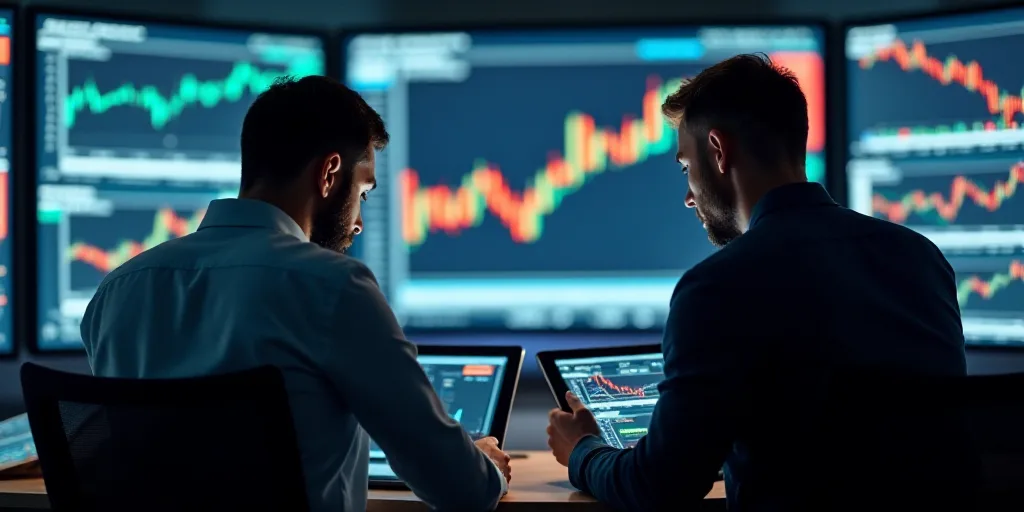 two men in a trading room looking at a tablet computer screen and a tablet pc screen with a stock ma