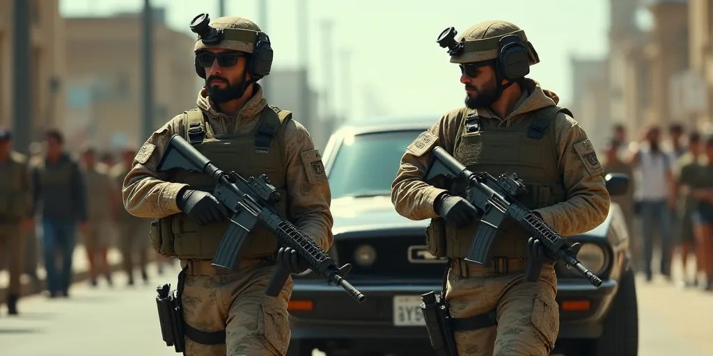 two men in camouflage gear walking down a street with guns in their hands and a car behind them with