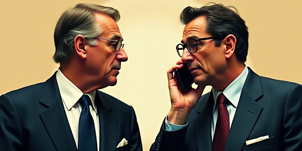 two men in suits and ties one is speaking and the other is speaking on a cell phone and the other is