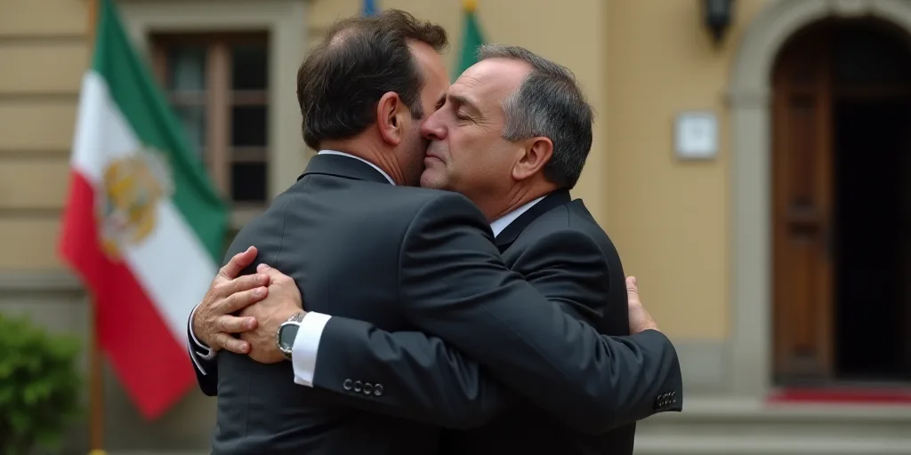 two men in suits are hugging each other in front of a flag and a building with a doorway in the back