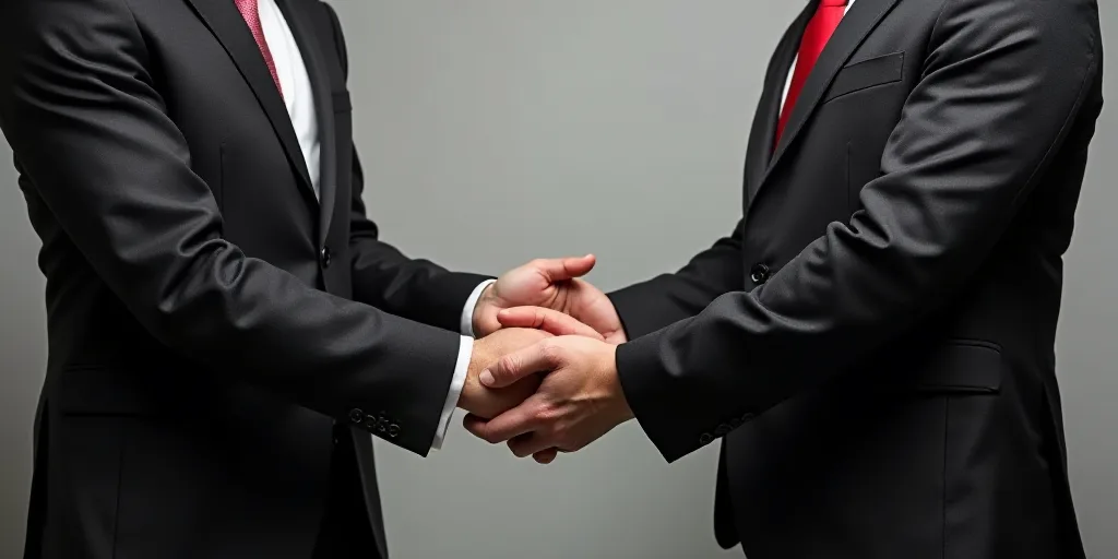 two men in suits are standing together and one is holding his hands out to the other man who is wear