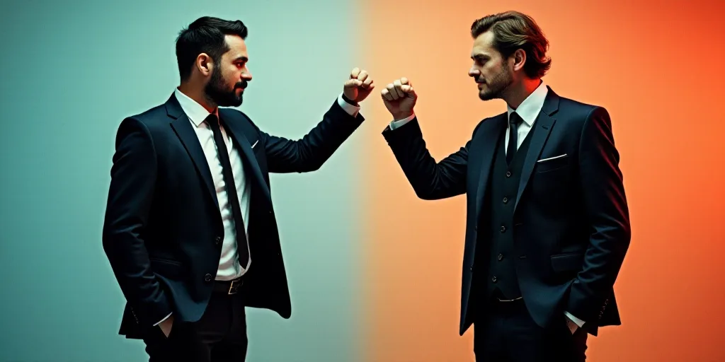 two men in suits are standing together and one is pointing his fist at the other man's face, Aquirax