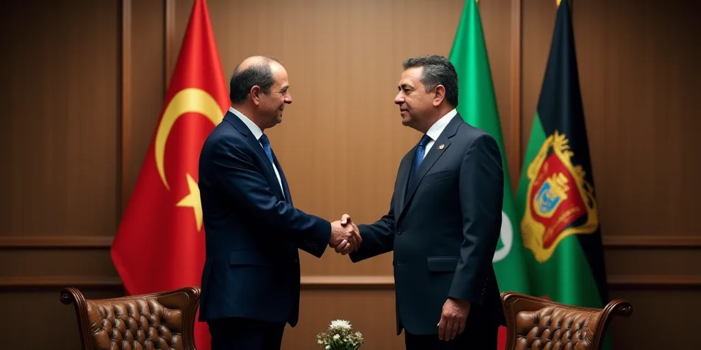 two men in suits shaking hands in front of a flag and a chair with a flag on it and a chair with a f