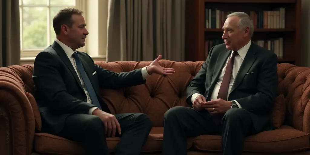 two men in suits sitting on a couch talking to each other in a room with a bookcase and a window, Da