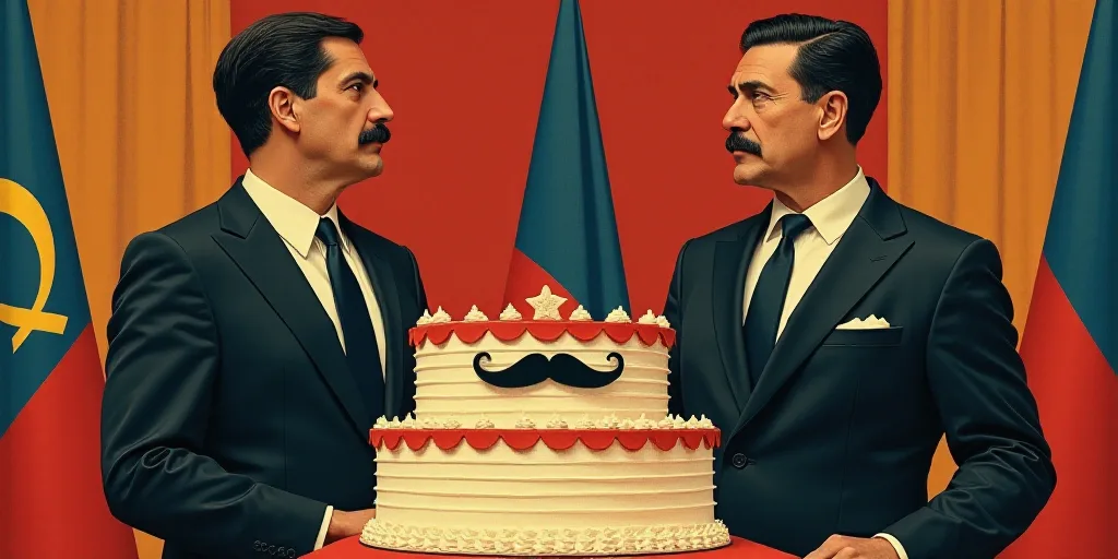 two men in suits standing next to each other near flags and a cake with a mustache on it and a cake