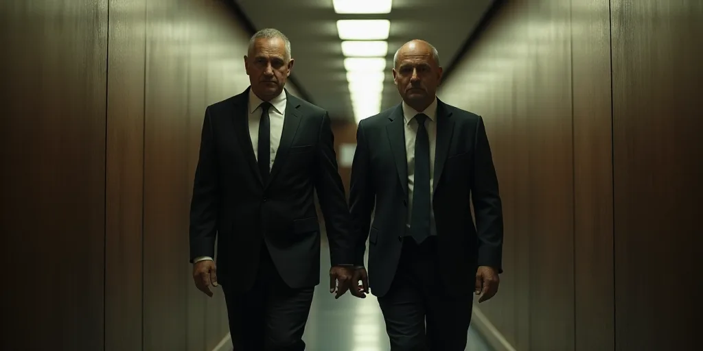 two men in suits walking down a hallway together, one of them is wearing a suit and the other is a t