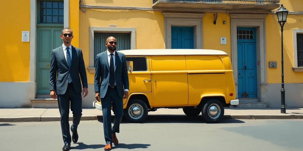 two men in suits walking down a street in front of a building with a yellow van parked in front of i