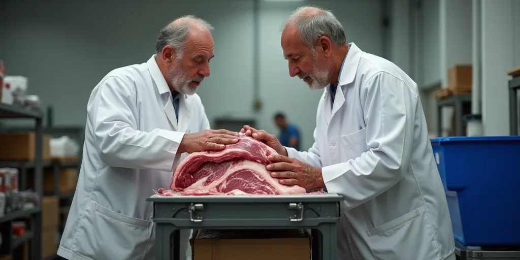 two men in white work in a warehouse with a pile of meat on a cart and a blue bin, Carlos Catasse, f
