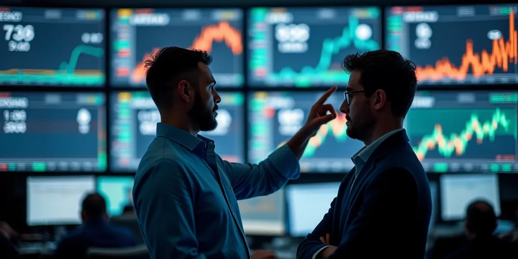 two men looking at a display of stock on a wall of monitors in a stock market, one pointing at the s