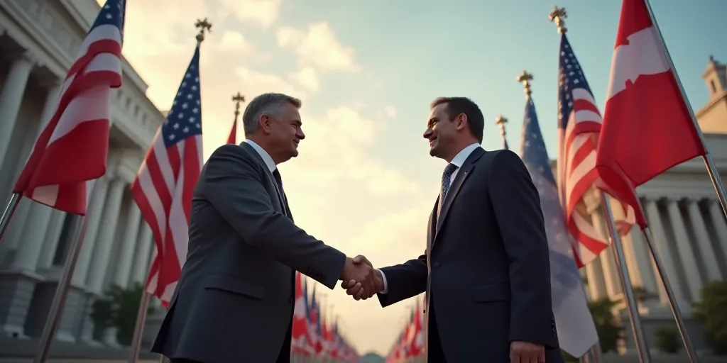 two men shaking hands in front of a backdrop of flags and a building with a flag of canada on it, Aq
