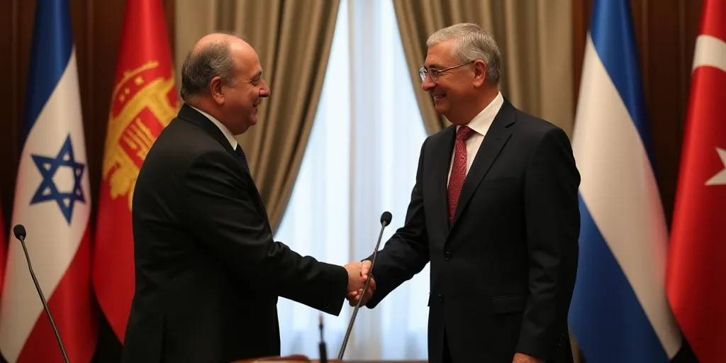 two men shaking hands in front of flags and a microphone in a room with curtains and curtains behind