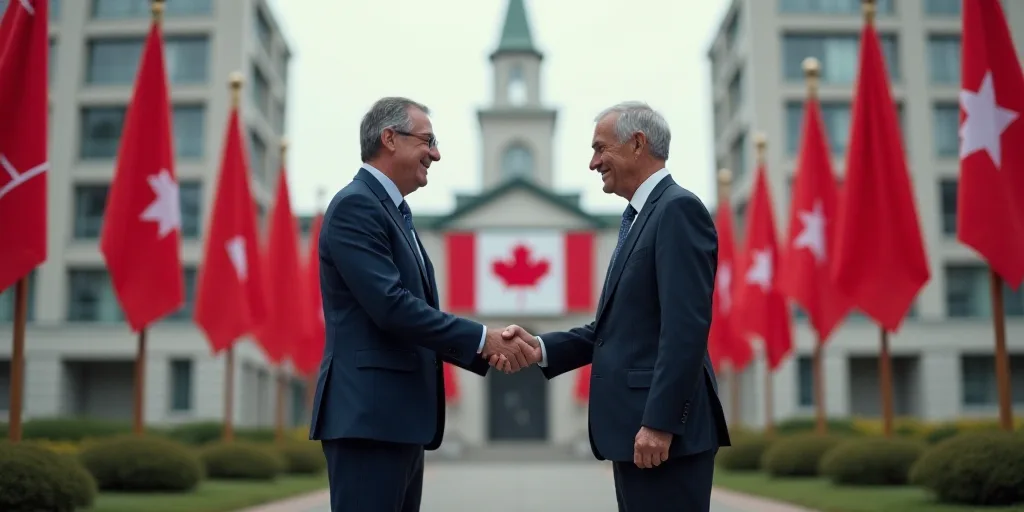 two men shaking hands in front of a backdrop of flags and a building with a flag of canada on it, Aq