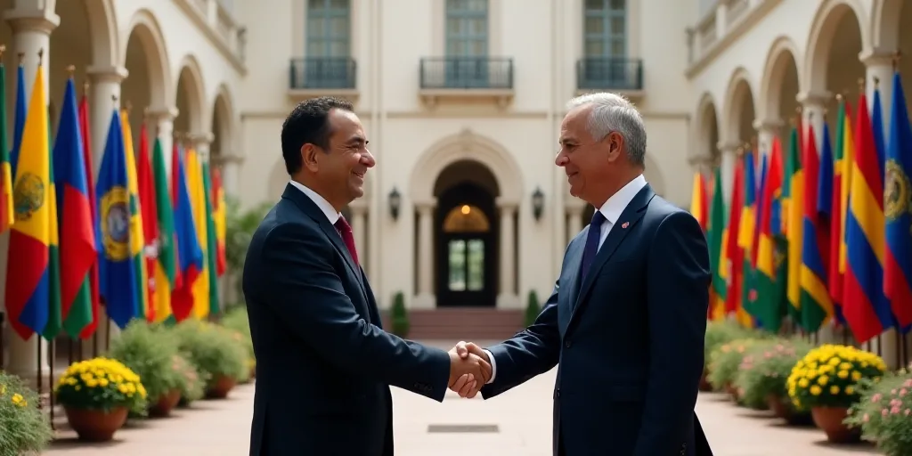 two men shaking hands in front of flags and flowers in a courtyard of a building with a flag in the