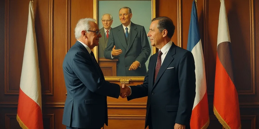 two men shaking hands in front of flags and a painting behind them in a room with wooden paneling, A
