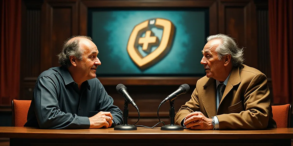 two men sitting at a table with microphones in front of them and a screen behind them with a logo on