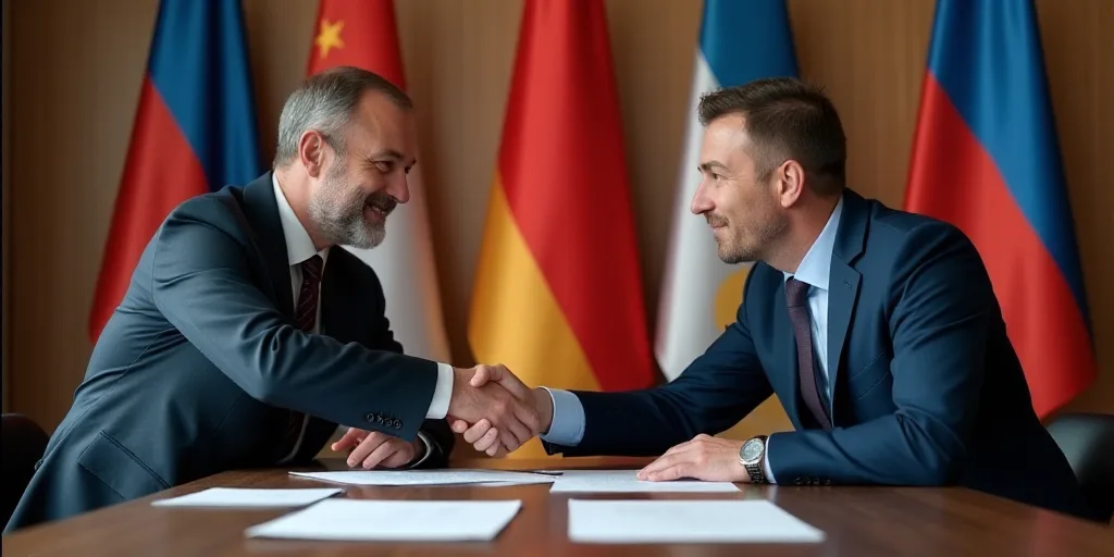 two men sitting at a table with papers in front of them and flags in the background, one of them is