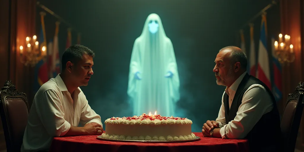 two men sitting at a table with a cake in front of them and flags in the background of the room, Fed