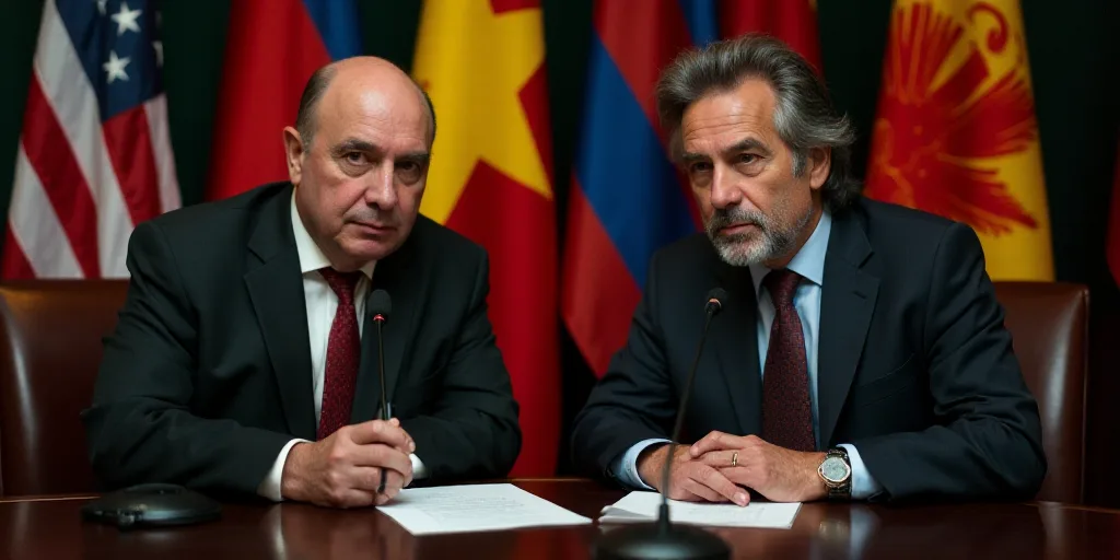 two men sitting at a table with flags behind them and a microphone in front of them, one of them is