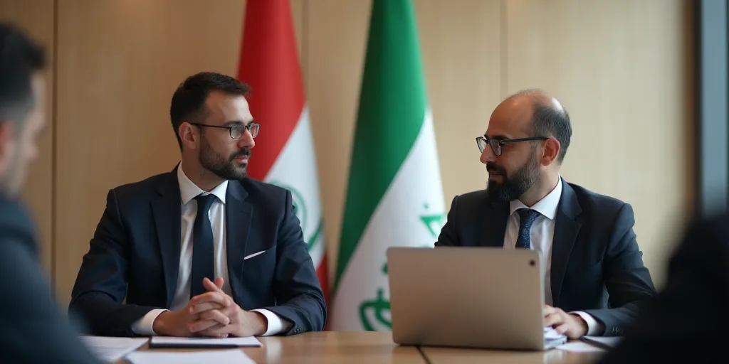 two men sitting at a table with a laptop computer in front of them and a flag behind them in a meeti