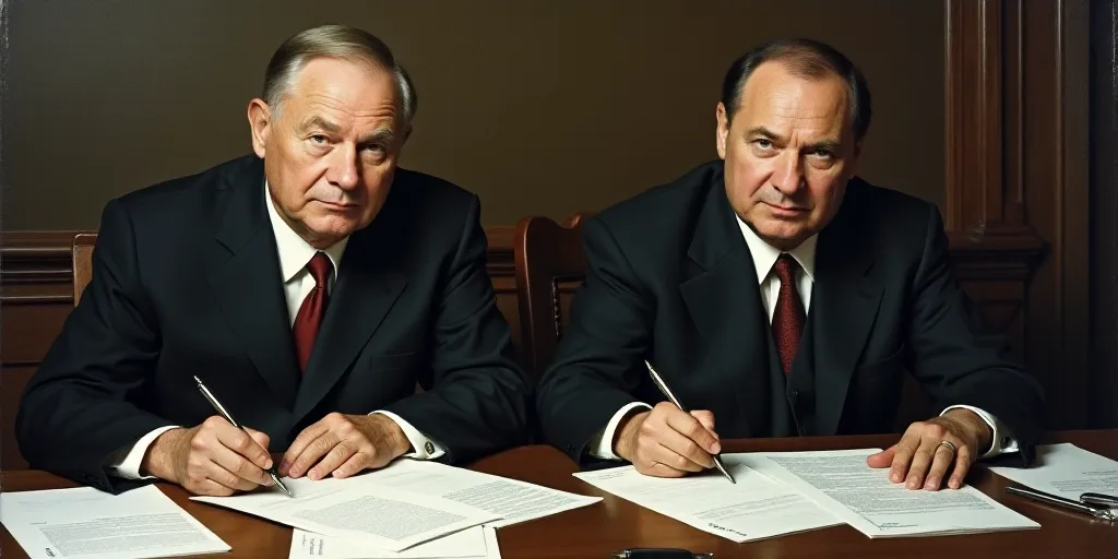 two men sitting at a table with papers and pens in front of them, one of them is looking at the came
