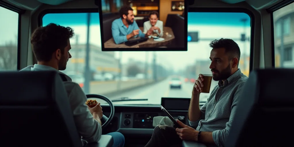 two men sitting in a bus watching tv and eating food and drinking coffee and talking to each other w