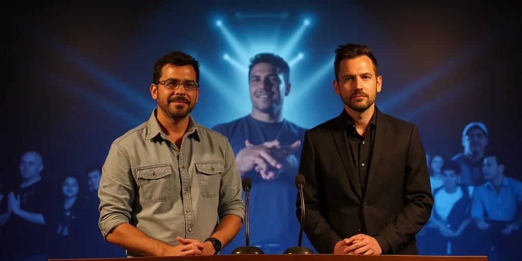 two men standing at a podium with microphones in front of them and a poster behind them that says it