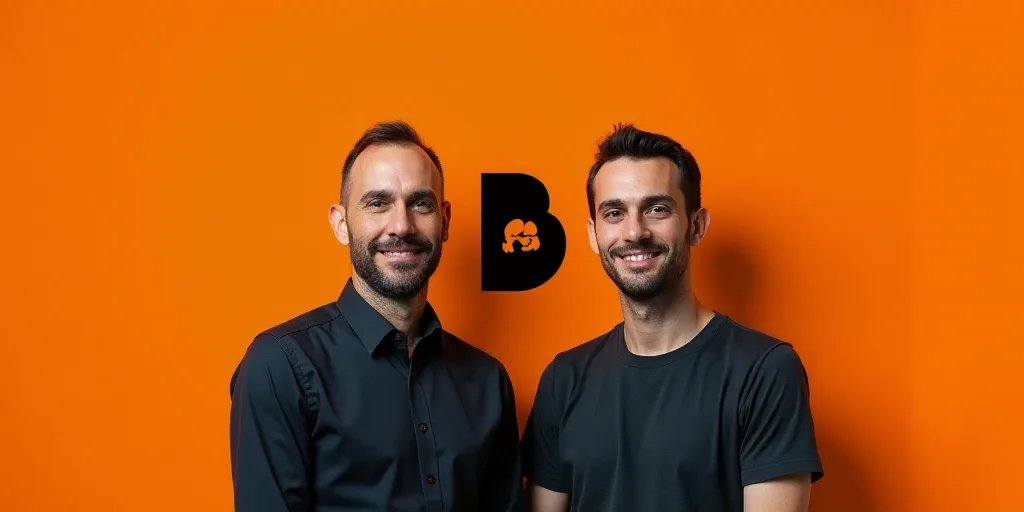 two men standing next to each other in front of an orange background with a black and white logo on