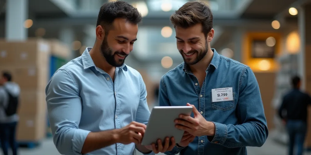 two men standing next to each other holding a tablet computer in their hands and looking at it with