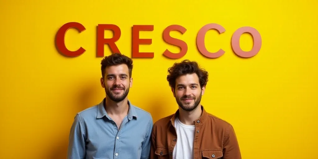 two men standing next to each other in front of a yellow background with the words cresco - gay and