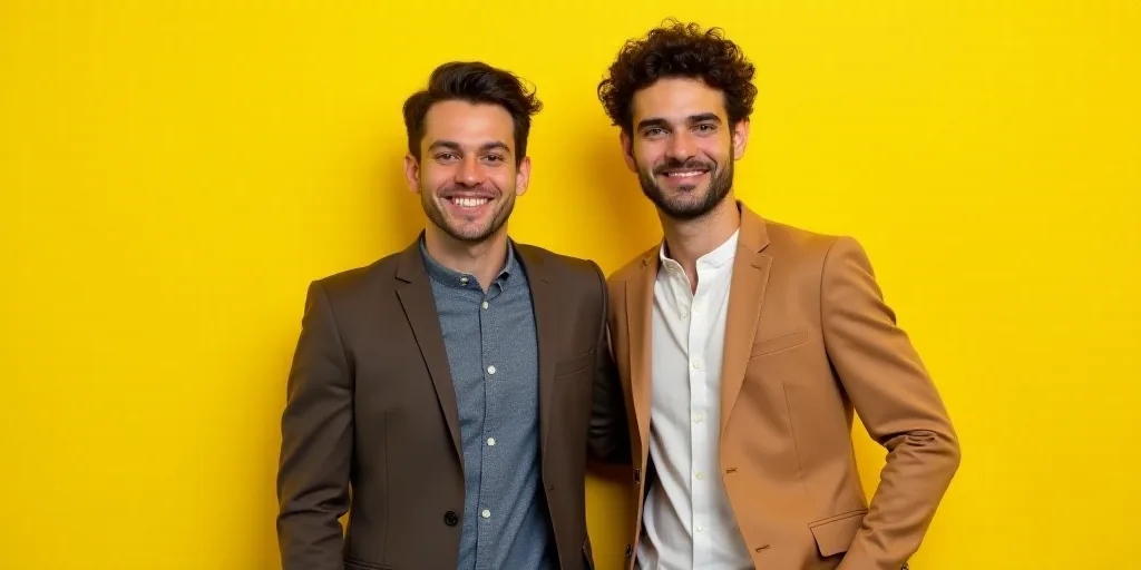 two men standing next to each other in front of a yellow background with the words cresco - gay and
