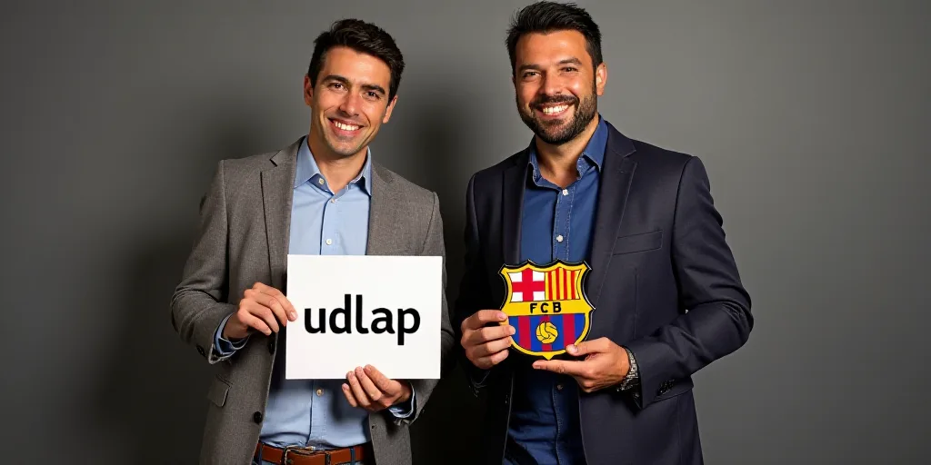 two men standing next to each other holding a sign that says udlap and a plaque that says barcelona
