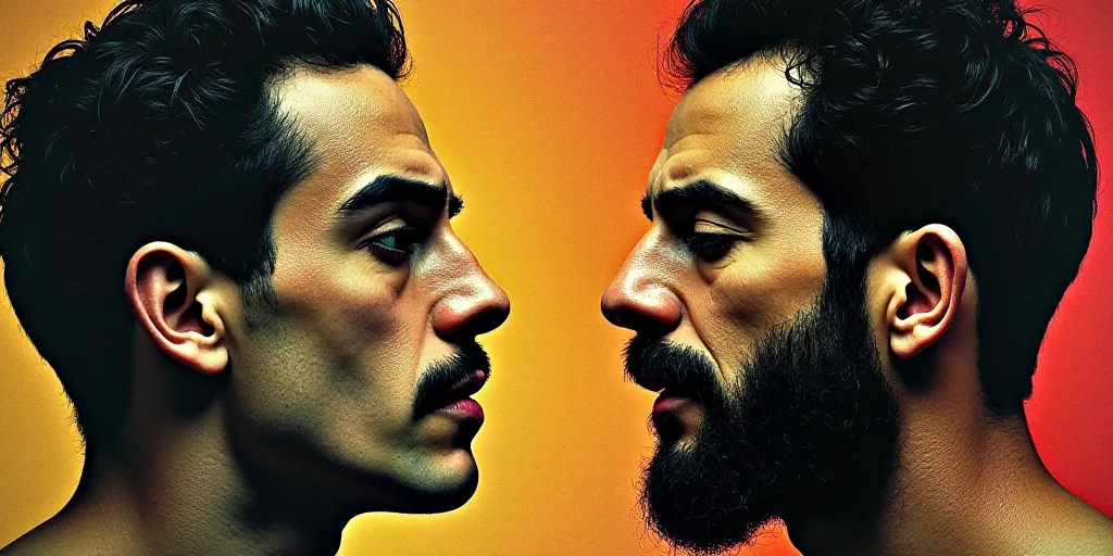 two men with different facial expressions and one with a mustache and beard, both looking at each ot